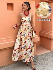 Women's Casual Sleeveless Gold Foil A-Line Floral Print Dress, Vacation Dress - Multicolor - View 1