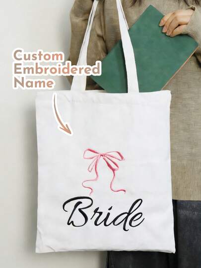 LICVIC Custom Canvas Tote Bag-With Embroidered Name & Bow, Personalized Handbag With Name, Stylish Daily Carry Gift For Bridesmaid, Wedding Party Or Birthday, Reusable Shoulder Tote, Customized Look With Customizable Text For Thoughtful Gifting