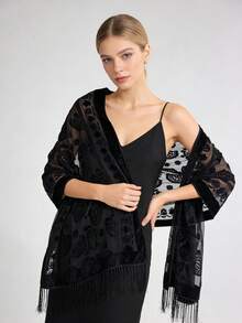 1pc Black Classic Elegant Velvet Fashion Versatile Unique Charming Long Tassel Shawl Scarf, Suitable For Evening Party - Black - View 11