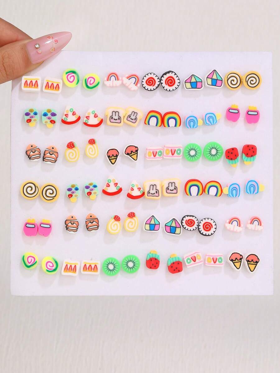 36件/套 时尚可爱仿真食物蛋糕、甜点、冰淇淋、甜甜圈造型迷你耳环套装，女士款，款式随机 - 彩色 - 查看 1