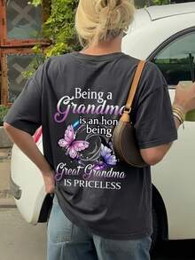 1pc Women's Summer Round Neck Short Sleeve T-Shirt, Butterfly & Slogan Print - Dark Grey - View 8