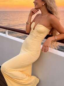 女士夏季服装，女士度假服装，女士时尚纯色性感露背浅黄色优雅无肩带沙滩度假约会休闲春夏女士长裙派对 - 淡黃色 - 查看 6