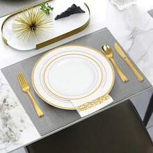 一套白色圆形金边餐盘(19厘米/26厘米),可重复使用且易于清洁,适用于婚礼、派对、宴会、情人节、感恩节、圣诞节等各种场合,宴会餐具,派对餐盘,节日设计,时尚餐具,可重复使用,易于清洁,可用作餐盘,餐饮服务。 - 彩色 - 查看 5