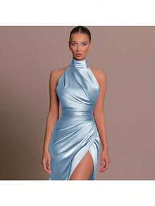 Evening Dress Dress, Temperament Split Neck Sleeveless Party Pleated Dress - 黑色 - 查看 5