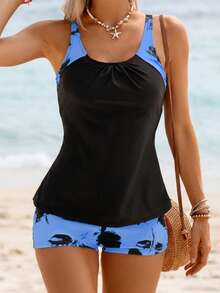 Women's Floral Print Spaghetti Strap Backless Tankini Set, Casual Sexy Beach Outfit, Medium Stretch - Multicolor - View 2