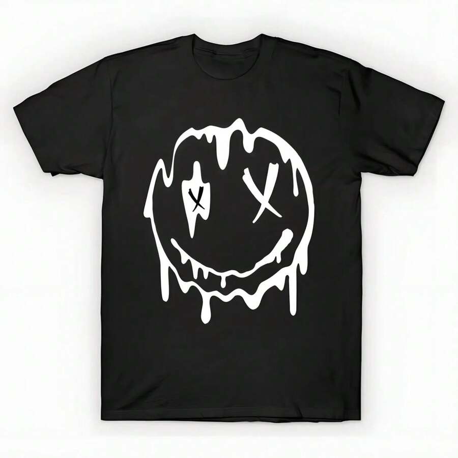 x - Camiseta con cara sonriente y ojos en X - Camiseta estampada de gran tamaño unisex, camiseta gráfica casual negra sólida, esencial de verano para capas, S-3XL - Negro - Ver 1