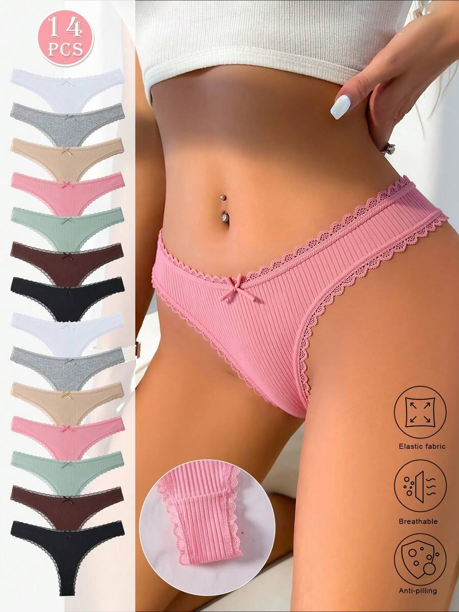 14 Pcs Sexy Multicolor Cotton Ribbon Women's Pants,Lace Decoration,Lace Splice Women's Underwear,Low Waist Sexy Women's Ties,Simple And Comfortable T Pants For Women Solid Color Bikini Pants - 彩色 - 查看 1