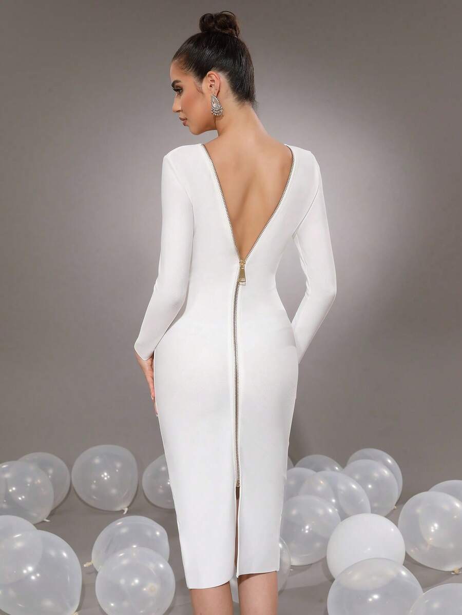 Sexy Women's Long Sleeve Large Zipper Back Bodycon Midi Dress For Vacation And Party - White - View 1