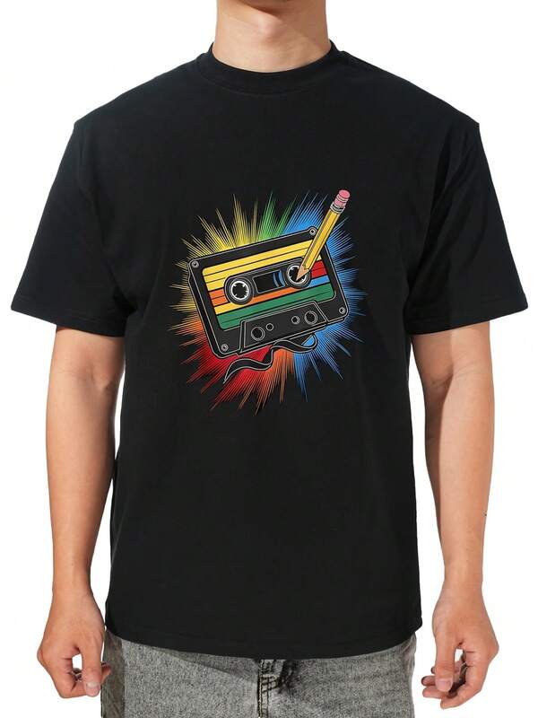 Camiseta gráfica retro de cinta de cassette para hombres - 100% algodón, diseño de mixtape de música vintage de los años 70, 80 y 90 con rayas coloridas y arte de lápiz, camiseta de cuello redondo casual para atuendo casual, estilo hip hop, música, unisex, conjunto para padres e hijos