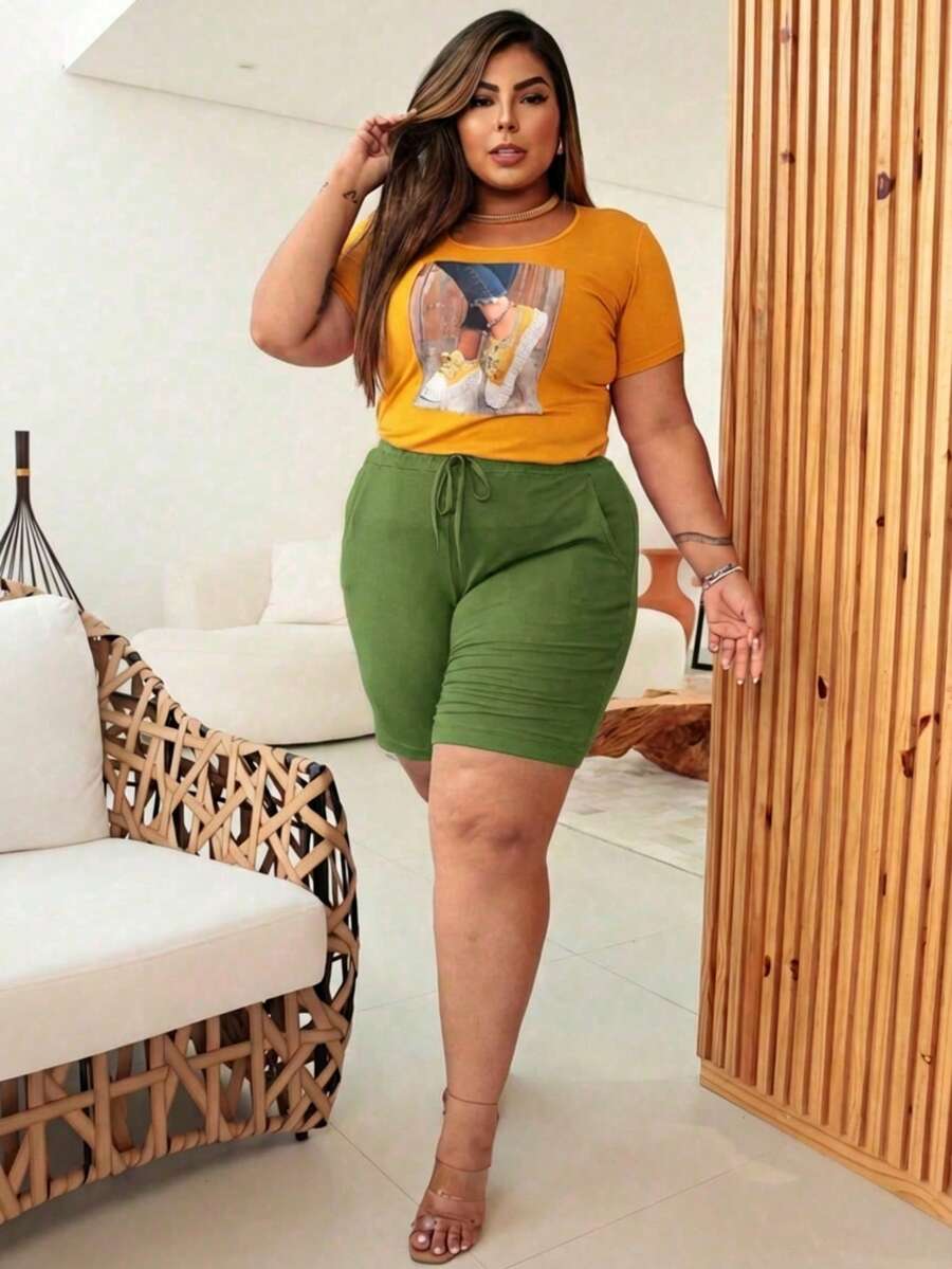 Plus Size Plain Knit Shorts, Large Sizes, Various Colors - Army Green - View 1