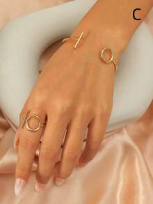 2pcs/Set Simple Geometric Cold Color Style Bracelet & Ring For Women, Daily, Date, Party - Yellow Gold - View 12