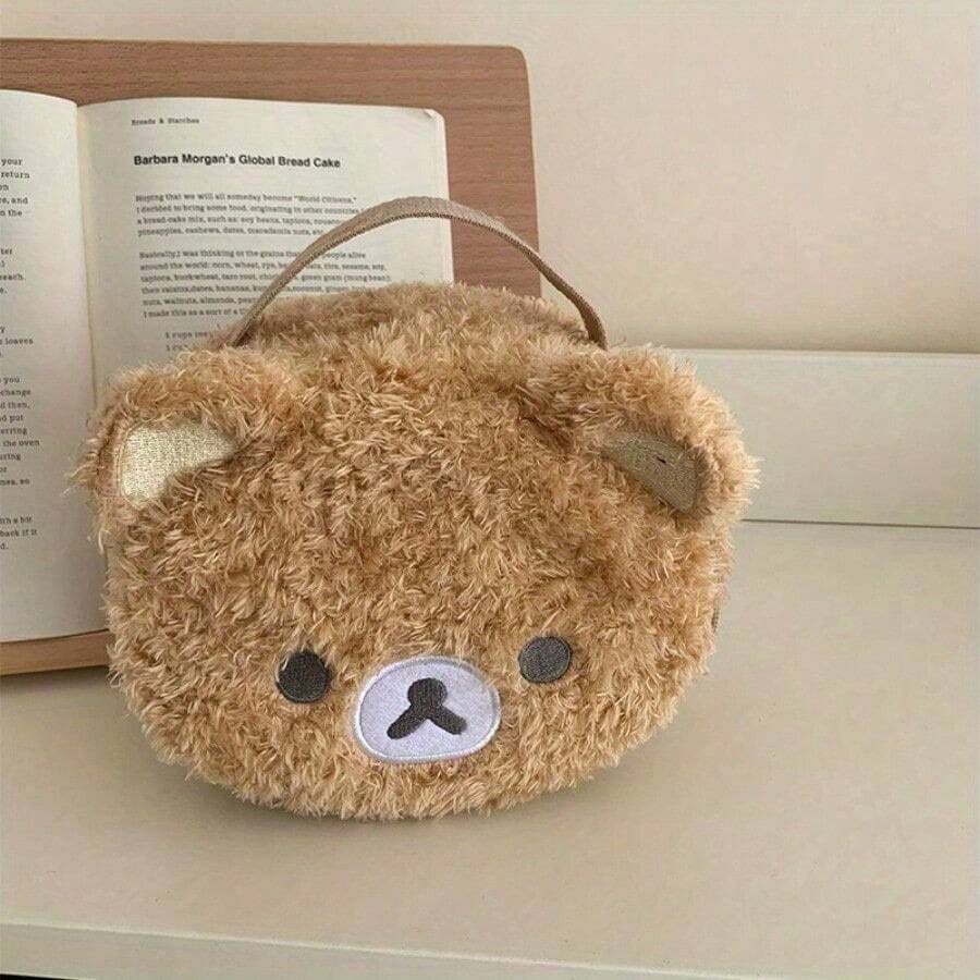 1 Pc Ladies 3D Plush Bear Makeup Bag Light Brown Portable Mesh Compartment For Daily Essentials - Plush Bear Head Cosmetic Bag - 1 Piece - View 1