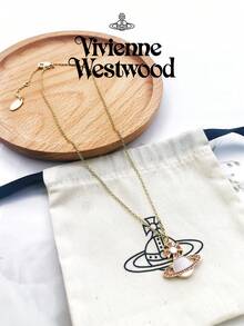 Vivienne Westwood 1PC Violet Rina Collection Pink Mother-Of-Pearl Saturn Necklace Gold, Brass, Rhinestone Embellished - Gold - View 6