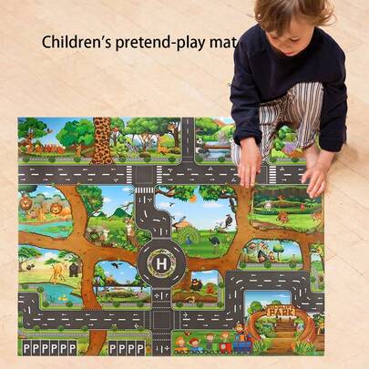 儿童便携式汽车游戏垫，儿童城市地图，户外活动游戏垫，亲子互动，大型玩具地图，玩具屋景观地图，适合3岁以上儿童户外游戏。包含汽车、鞋店、农场、恐龙等多种场景，可通过学习提升儿童认知能力。