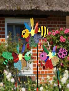 Set de 4 piezas - Molinillo de viento de plástico con diseños de dibujos animados 3D con lentejuelas coloridas de insecto, abeja y libélula, repelente de plagas reflectante, ahuyenta pájaros, decoración para jardín y patio exterior - insecto - Ver 3