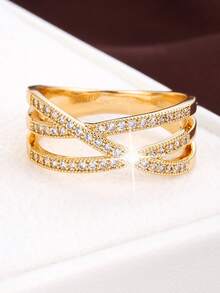 1pc Soft Line Geometric Criss-Cross Design Cubic Zirconia Inlaid Fashion Ring For Women - Multicolor - View 4
