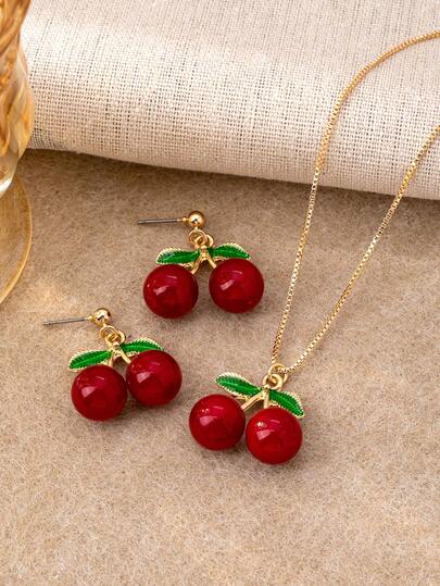 3 Pcs Cute Y2K Cherry Pendant Necklace & Earring Jewelry Set For Women, Cherries Dangle Earrings And Matching Design Charm Necklace