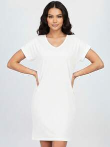 Women's Solid Color Batwing Sleeve V Neck Mini Dress Casual Dress Loose Fit Hidden Pocket Dress For Summer - 白色 - 查看 1