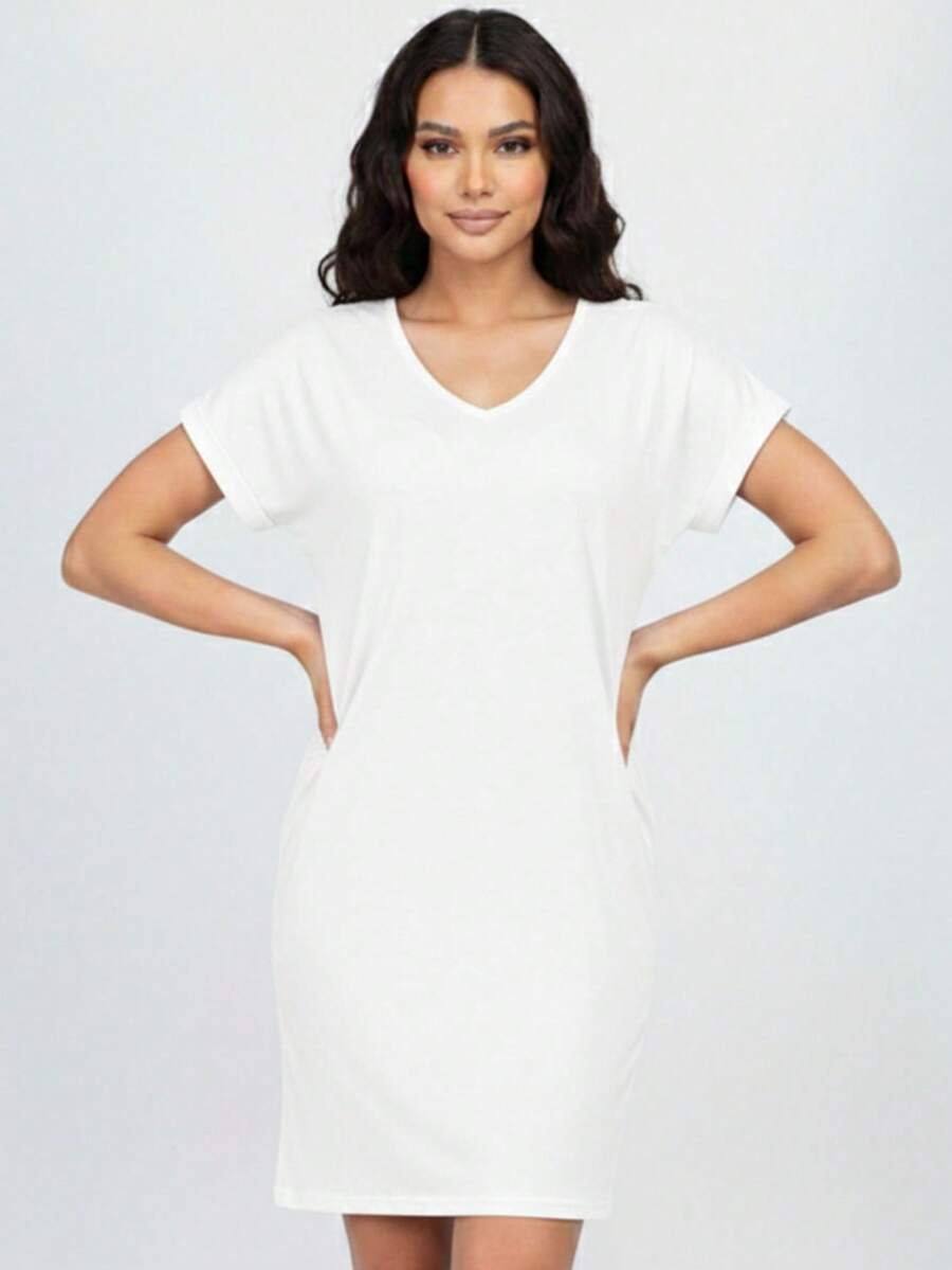 Women's Solid Color Batwing Sleeve V Neck Mini Dress Casual Dress Loose Fit Hidden Pocket Dress For Summer - 白色 - 查看 1