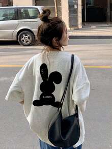 Women's Casual Round Neck Loose Fit Rabbit Cartoon Letter Print Short Sleeve T-Shirt, Spring/Summer - Light Gray - View 1