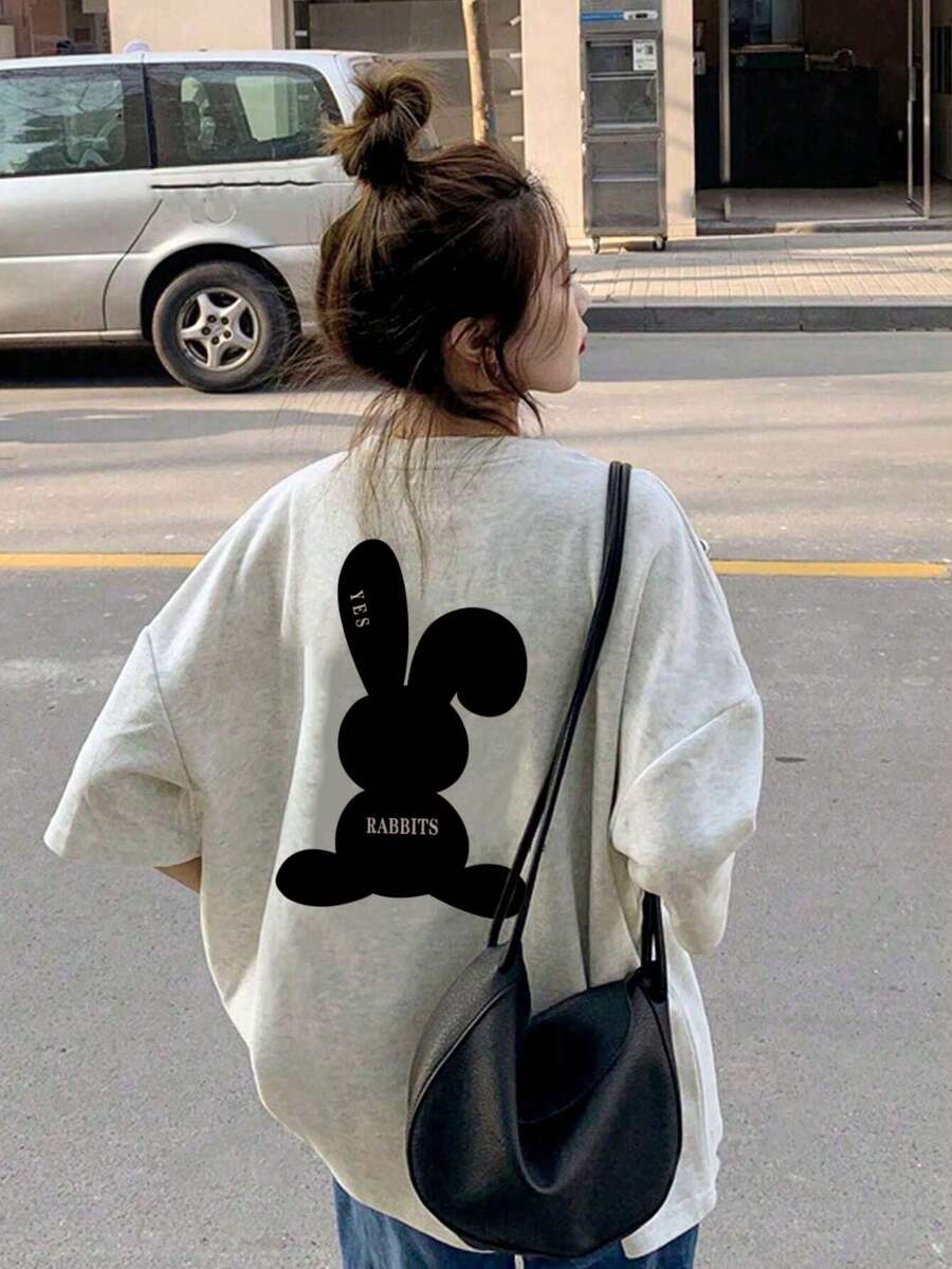 Women's Casual Round Neck Loose Fit Rabbit Cartoon Letter Print Short Sleeve T-Shirt, Spring/Summer - Light Gray - View 1