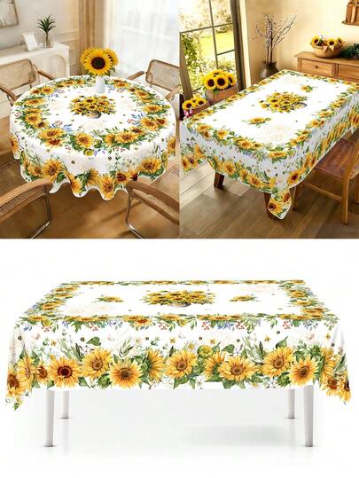 1件装春季向日葵桌布 - 涤纶蜜蜂图案长方形/圆形桌布，蜜蜂主题生日派对用品，婚礼派对，周年纪念，农舍风格厨房餐厅餐桌装饰，节日春夏假日室内/室外装饰