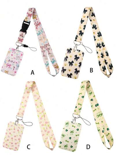1pc Bow Knot, Floral Bow, Cherry Bow, Pink Bow, Ditsy Floral Pattern Lanyard Card Holder, Key Chain Hard Case Suitable For Bus Card, ID Card, Work Badge, Student ID, Exhibition Badge, Event ID Card