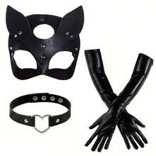 1 Set Faux Fur Fox Mask, Gloves And Choker Costume Accessories - Fashionable Cosplay Props Suitable For Halloween, Parties And Fashion Enthusiasts - Black - View 8
