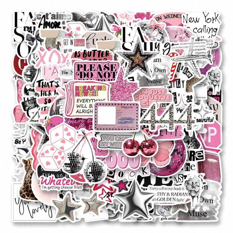 100张粉色银色幸运美学贴纸，Y2K贴纸，Y2K核心贴纸，Y2K礼物，复古贴纸，90年代贴纸，艺术贴纸，卡通贴纸，涂鸦贴纸，乙烯基贴纸，适用于水瓶、保温杯、吉他、行李箱、手机、手机壳、笔记本电脑、滑板，也是很棒的礼物。 - 多色F - 查看 1