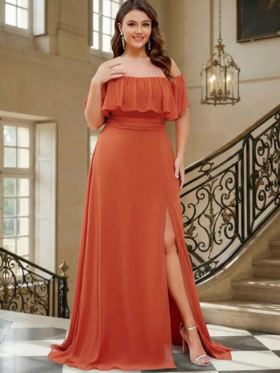 EVERPRETTY Plus Size High Slit Orange Off-Shoulder Elegant Bridesmaid Dress, Suitable For Spring/Summer Weddings, Parties And Valentine's Day Formal Occasions Party - Burnt Orange - View 1