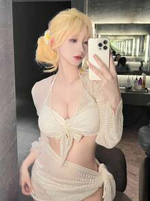 New Spring/Summer Elegant Hollow-Out Cardigan, Sexy Two Pieces Set, High-End Feel, Perfect For Hot Spring Vacation & Beach - Milky White - View 6