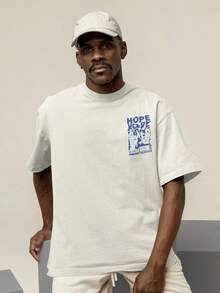 Oversized T-Shirt, High Neck, Streetwear, 100% Cotton, Urban Style, Casual Workout, Black, Off-White And Brown, Printed, Large Fit - 奶油色 - 查看 3