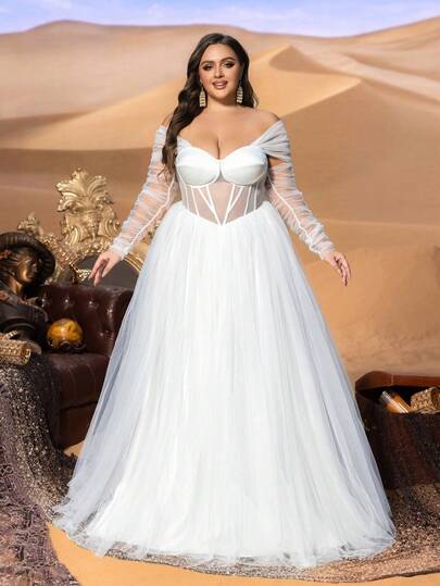 Faeriesty 加大码白色露肩长袖修身连衣裙，优雅蕾丝撞色网纱系带设计，适合派对、海滩、婚礼、摄影等场合。