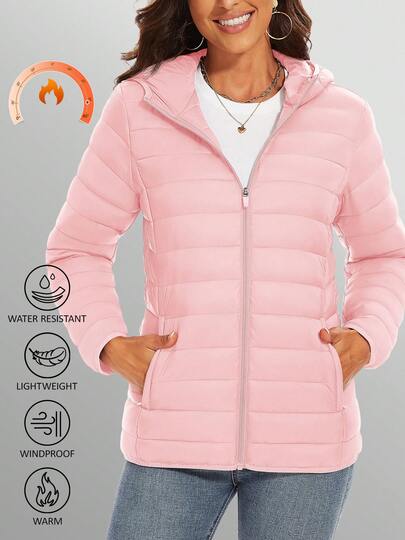 KEFITEVD Women's Lightweight Jacket With Hood Pockets Quilted Padded Full-Zip Winter Coat Water Resistant Waterproof Warm Jacket