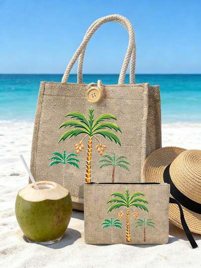 2pcs Coconut Palm Print Jute Tote Bag & Pouch Set, Burlap Beach Tote With Matching Cosmetic Pouch, Ideal For Carrying Beach Essentials, Groceries, Cosmetics & Daily Items, Suitable For Beach Lovers, Vacationers, Students, Gift Givers & Nature Enthusiasts, Perfect For Beach Trips, Pool Days, Shopping Sprees, Picnics & Weekend Getaways, Versatile As Beach Bag, Reusable Shopping Bag, Cosmetic Organizer