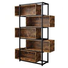 Five-Tier Bookcase With Shelves, Made Of Brown Veined Wood And Black Steel Tubing - Black+Brown - View 8