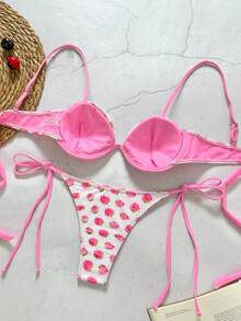 Bikinx Women's Casual Backless Strawberry Print Bikini Set With Tie Back And Contrast Binding Spaghetti Strap High Stretch Cute Swimuit - Pink - View 5