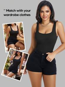 纯色针织无缝塑身连体衣 黑色 夏季优雅 - 黑色 - 查看 4