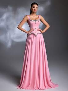 A Pink Rhinestone-Embellished Square Neck Peplum Lace-Up Chiffon Train Court-Style Luxury Evening Gown - Pink - View 6