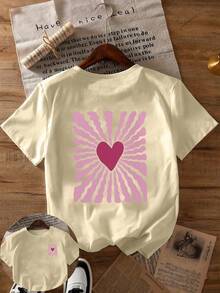 Women's Casual Washed Red Heart Graphic Round Neck Short Sleeve T-Shirt, Suitable For Spring, Summer And Autumn - Apricot - View 3