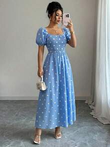 Elegant Printed Long Dress, Spring Style, Lined With Elastic, Short Puff Sleeves, Spring/Summer Fashion - Blue - View 2