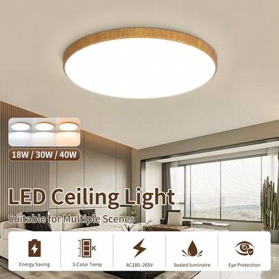 1pc Modern Minimalist Natural Wood Color Flush Mount Ceiling Light, Indoor LED Ceiling Lamp, Wood Grain Frame, 18W/30W/40W, Cool White & 3 Color Temperatures, 220V, Recessed Ceiling Light, Suitable For Bedroom, Kitchen, Living Room, Round Ceiling Lamp
