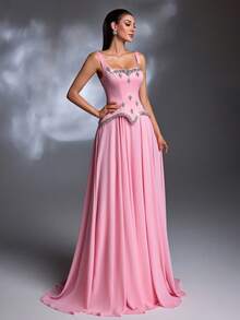 A Pink Rhinestone-Embellished Square Neck Peplum Lace-Up Chiffon Train Court-Style Luxury Evening Gown - Pink - View 4