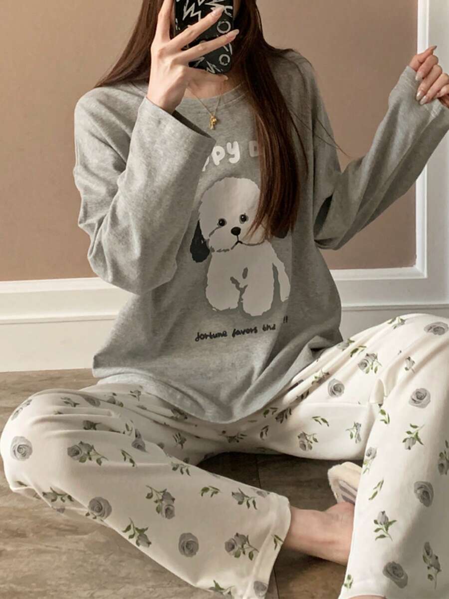 2 piezas Conjunto de pijama de mujer de manga larga gris, ropa de estar en casa con estampado de perrito blanco de corte holgado