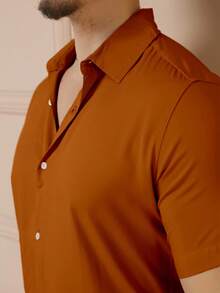 YLF MODAS Men's Short-Sleeved Button-Down Dress Shirt - Plain - Brown - View 4
