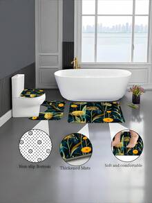 1/4pcs Dark Green Floral & Dandelion Themed Bathroom Set, Includes Shower Curtain, Bath Mat, U-Shaped Toilet Mat, Toilet Lid Cover, Waterproof Shower Curtain, Modern Style Bathroom Divider Curtain, No Drilling Required, Polyester, Machine Washable - Multicolor - View 7