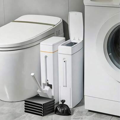 Slim Trash Can With Brush, Large Capacity Narrow Space Garbage Can, Lid Bathroom Waste Basket, Creative Home Cleaning Supplies, Plastic, Sealed Odor-Proof, No Electricity Required Bathroom Organizer Bathroom Decor Fall Decor Back To School