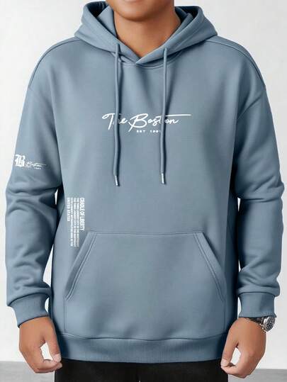Men's Casual Fashionable Versatile Daily Commute Simple Slogan Print Kangaroo Pocket Drawstring Hoodie, Autumn/Winter