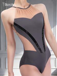 DonsGirl 1件装女士芭蕾舞紧身衣，舞蹈表演服 - 弹性网布绗缝，优雅立领，天鹅绒腰线，连体衣内置胸垫 - 灰色 - 查看 11