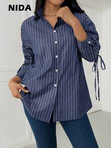 女士条纹前开襟抽绳长袖休闲通勤衬衫 - 藍色 - 查看 2